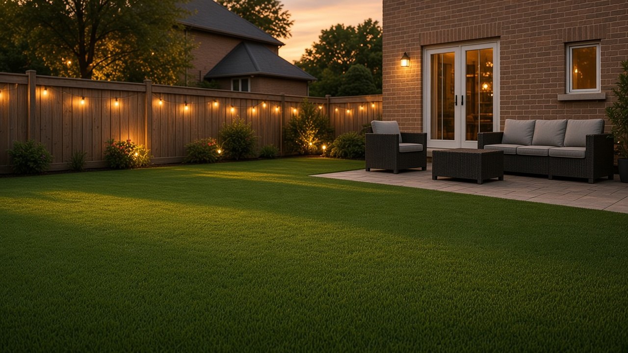 Conceptual lifestyle photograph of a finished green artificial turf lawn