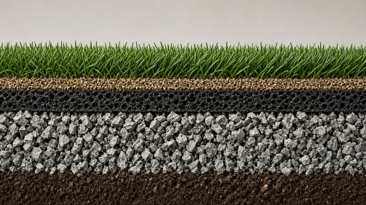 Cross-section diagram of artificial turf layers from surface and infill through backing to compacted base