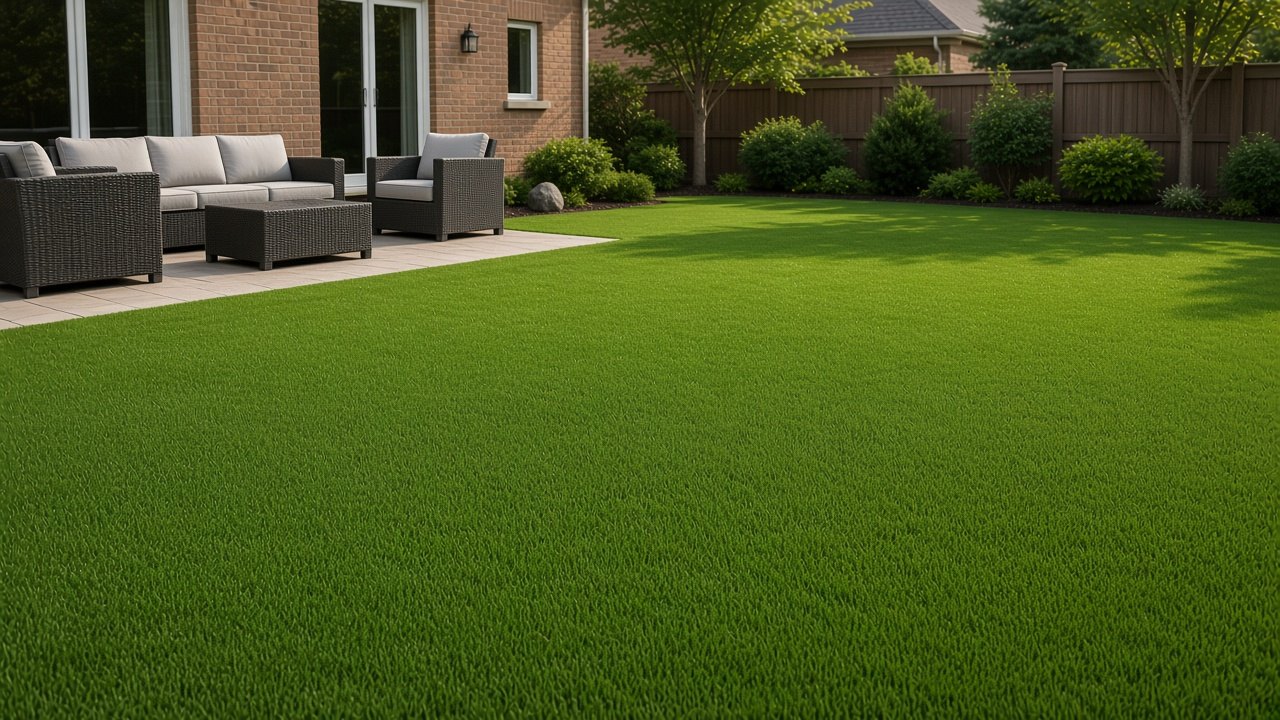 Lush green artificial turf lawn under soft daylight