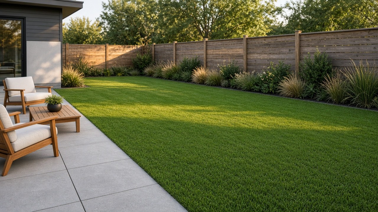 Conceptual application image: residential backyard with lush artificial grass, patio, and landscaping