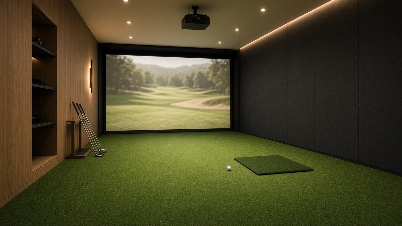 Conceptual application image: indoor golf simulator room with short-pile putting turf