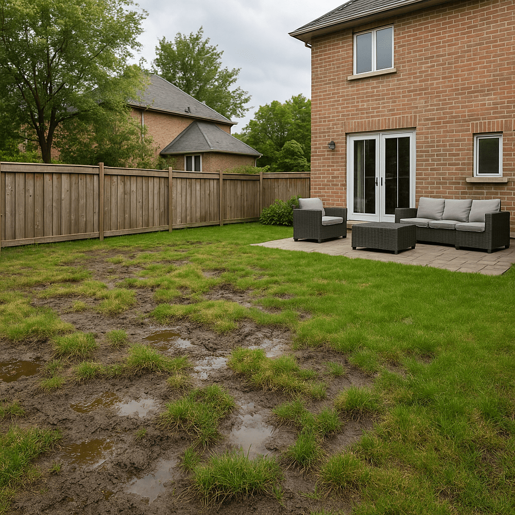 Residential backyard before installation, muddy uneven lawn